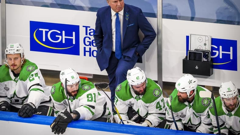 Sep 21, 2020; Edmonton, Alberta, CAN; A view of Dallas Stars head coach Rick Bowness during the third period between the Tampa Bay Lightning and the Dallas Stars in game two of the 2020 Stanley Cup Final at Rogers Place. Mandatory Credit: Sergei Belski-USA TODAY Sports