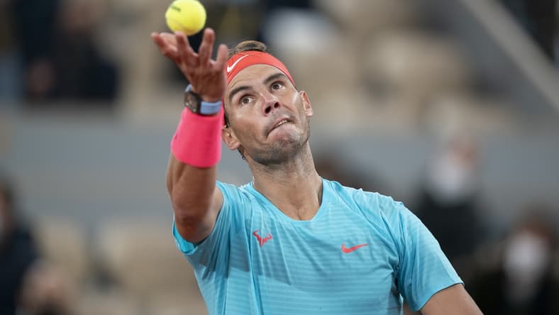 Oct 11, 2020;  Paris, France; Rafael Nadal (ESP) in action during his match against Novak Djokovic (SRB) on day 15 at Stade Roland Garros. Mandatory Credit: Susan Mullane-USA TODAY Sports