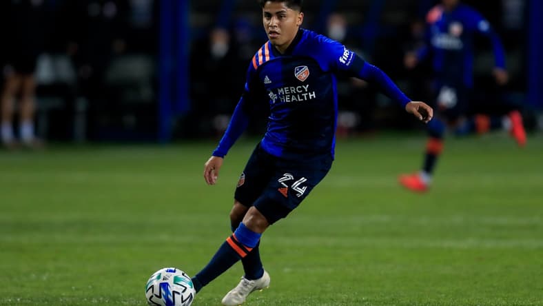 Oct 24, 2020; Cincinnati, OH, USA; FC Cincinnati midfielder Frankie Amaya (24) controls the ball against Minnesota United FC in the first half at Nippert Stadium. Mandatory Credit: Aaron Doster-USA TODAY Sports