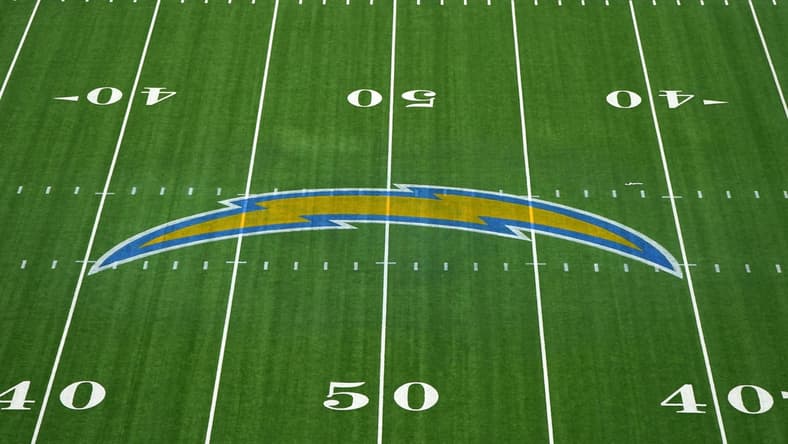 Nov 8, 2020; Inglewood, California, USA; A general view of the Los Angeles Chargers bolt logo at midfield at SoFi Stadium. Mandatory Credit: Kirby Lee-USA TODAY Sports