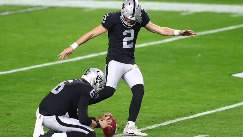 Dec 26, 2020; Paradise, Nevada, USA; Las Vegas Raiders kicker Daniel Carlson (2) against the Miami Dolphins at Allegiant Stadium. Mandatory Credit: Mark J. Rebilas-USA TODAY Sports