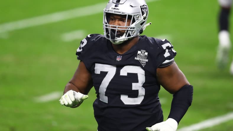Dec 26, 2020; Paradise, Nevada, USA; Las Vegas Raiders defensive tackle Maurice Hurst (73) against the Miami Dolphins at Allegiant Stadium. Mandatory Credit: Mark J. Rebilas-USA TODAY Sports