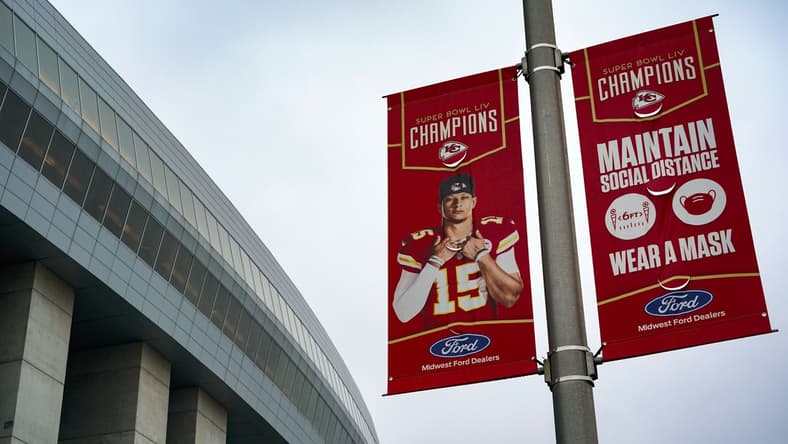Jan 24, 2021; Kansas City, Missouri, USA; A sign featuring Kansas City Chiefs quarterback Patrick Mahomes (15) with COVID-19 protocol is seen before the AFC Championship Game against the Buffalo Bills at Arrowhead Stadium. Mandatory Credit: Jay Biggerstaff-USA TODAY Sports