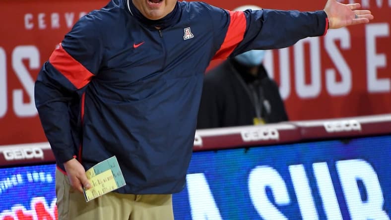 Feb 20, 2021; Los Angeles, California, USA;  Arizona Wildcats head coach Sean Miller on the sidelines during the second half of the game against the USC Trojans at Galen Center. Mandatory Credit: Jayne Kamin-Oncea-USA TODAY Sports