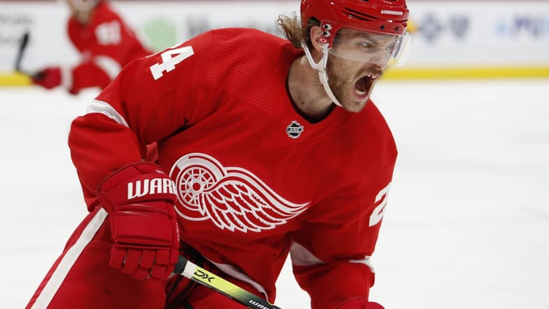 Feb 25, 2021; Detroit, Michigan, USA; Detroit Red Wings defenseman Jon Merrill (24) yells out during the second period against the Nashville Predators at Little Caesars Arena. Mandatory Credit: Raj Mehta-USA TODAY Sports