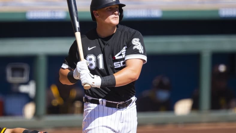 Mar 9, 2021; Glendale, Arizona, USA; Chicago White Sox first baseman Andrew Vaughn against the San Diego Padres during a Spring Training game at Camelback Ranch Glendale. Mandatory Credit: Mark J. Rebilas-USA TODAY Sports