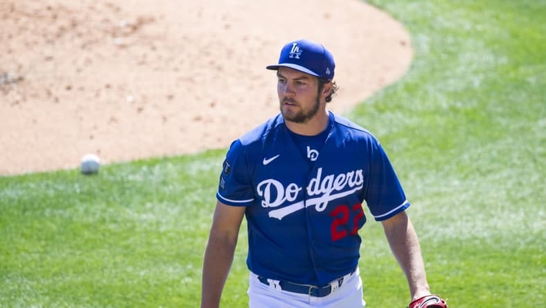 Mar 6, 2021; Glendale, Arizona, USA; Los Angeles Dodgers pitcher Trevor Bauer against the San Diego Padres during a Spring Training game at Camelback Ranch Glendale. Mandatory Credit: Mark J. Rebilas-USA TODAY Sports