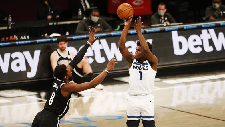 Mar 29, 2021; Brooklyn, New York, USA; Minnesota Timberwolves forward Anthony Edwards (1) shoots against Brooklyn Nets forward Jeff Green (8) during the second half at Barclays Center. Mandatory Credit: Andy Marlin-USA TODAY Sports
