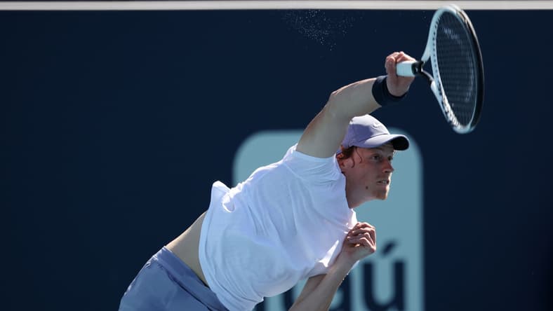 Mar 31, 2021; Miami, Florida, USA; Jannik Sinner of Italy serves against Alexander Bublik of Kazakhstan (not pictured) in a men's singles quarterfinal in the Miami Open at Hard Rock Stadium. Mandatory Credit: Geoff Burke-USA TODAY Sports