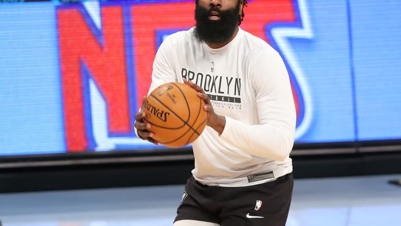 Mar 31, 2021; Brooklyn, New York, USA; Brooklyn Nets shooting guard James Harden (13) warms up before the game against the Houston Rockets at Barclays Center. Mandatory Credit: Brad Penner-USA TODAY Sports
