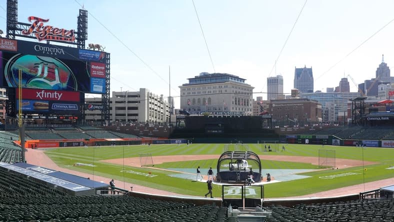The Tigers take the field during practice on Wednesday, March 31, 2021, at Comerica Park, a day before Opening Day against the Cleveland Indians.
Comerica Park overview, general view of Comerica Park
