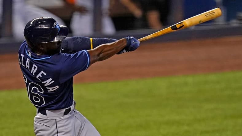 Apr 1, 2021; Miami, Florida, USA; Tampa Bay Rays right fielder Randy Arozarena (56) singles in the 1st inning against the Miami Marlins at loanDepot park. Mandatory Credit: Jasen Vinlove-USA TODAY Sports