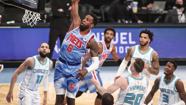 Apr 1, 2021; Brooklyn, New York, USA; Brooklyn Nets forward Jeff Green (8) goes in for a slam dunk in the first quarter against the Charlotte Hornets at Barclays Center. Mandatory Credit: Wendell Cruz-USA TODAY Sports