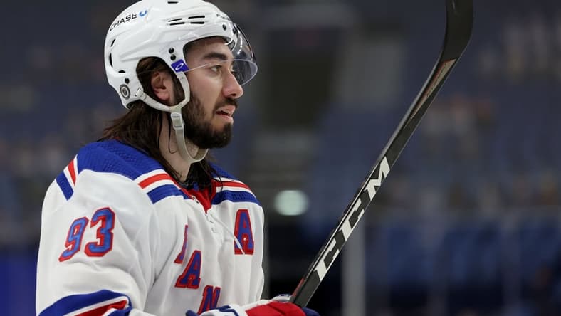 Apr 1, 2021; Buffalo, New York, USA;  New York Rangers center Mika Zibanejad (93) during a stoppage in play against the Buffalo Sabres during the third period at KeyBank Center. Mandatory Credit: Timothy T. Ludwig-USA TODAY Sports