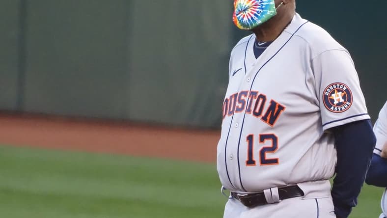 Apr 1, 2021; Oakland, California, USA; Houston Astros manager Dusty Baker Jr (12) before the game against the Oakland Athletics at RingCentral Coliseum. Mandatory Credit: Kelley L Cox-USA TODAY Sports