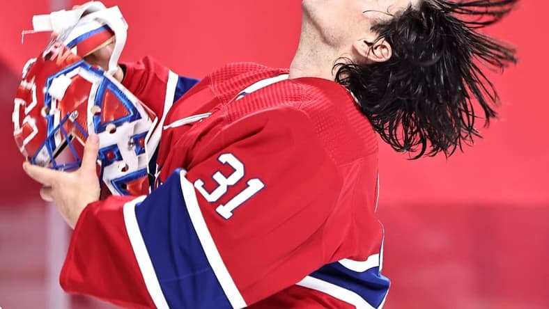 Mar 30, 2021; Montreal, Quebec, CAN; Montreal Canadiens goaltender Carey Price (31) puts his helmet on before the game against Edmonton Oilers at Bell Centre. Mandatory Credit: Jean-Yves Ahern-USA TODAY Sports