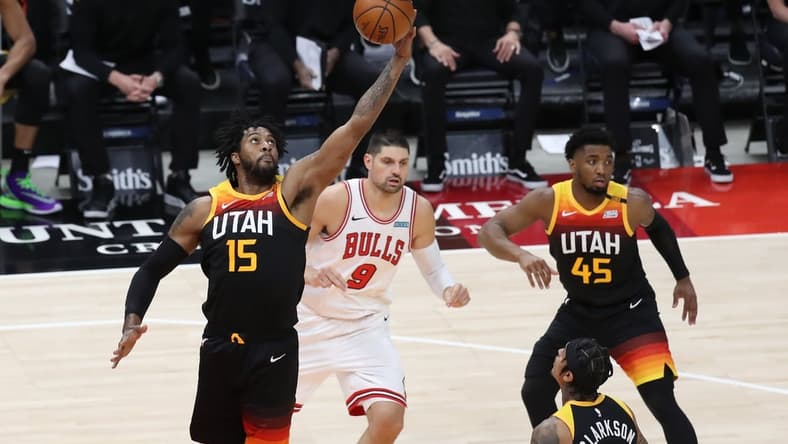 Apr 2, 2021; Salt Lake City, Utah, USA;  Utah Jazz center Derrick Favors (15) grabs a rebound in the second quarter against the Chicago Bulls at Vivint Smart Home Arena. Mandatory Credit: Rob Gray-USA TODAY Sports