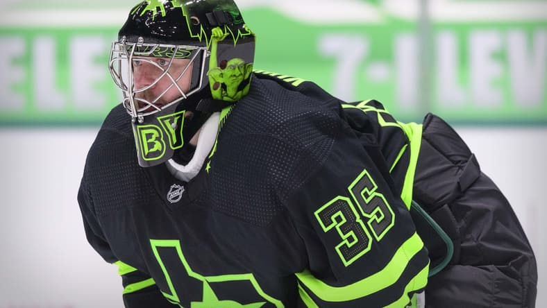 Mar 27, 2021; Dallas, Texas, USA; Dallas Stars goaltender Anton Khudobin (35) in action during the game between the Dallas Stars and the Florida Panthers at the American Airlines Center. Mandatory Credit: Jerome Miron-USA TODAY Sports