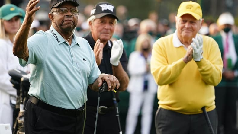Apr 8, 2021; Augusta, Georgia, USA; Gary Player (middle) and Jack Nicklaus (right) clap as Lee Elder is introduced on the 1st tee during the first round of The Masters golf tournament. Mandatory Credit: Rob Schumacher-USA TODAY Sports