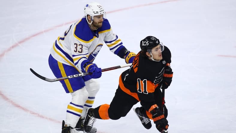 Apr 11, 2021; Philadelphia, Pennsylvania, USA; Buffalo Sabres defenceman Colin Miller (33) hits Philadelphia Flyers right wing Travis Konecny (11) in the first period at Wells Fargo Center. Mandatory Credit: Kyle Ross-USA TODAY Sports