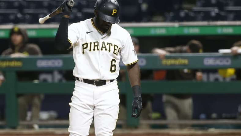 Apr 13, 2021; Pittsburgh, Pennsylvania, USA; Pittsburgh Pirates right fielder Anthony Alford (6) reacts after striking out to end the eighth inning against the San Diego Padres at PNC Park. Mandatory Credit: Charles LeClaire-USA TODAY Sports