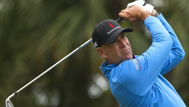Apr 16, 2021; Hilton Head, South Carolina, USA; Stewart Cink tees off on the ninth hole during the second round of the RBC Heritage golf tournament. Mandatory Credit: Joshua S. Kelly-USA TODAY Sports