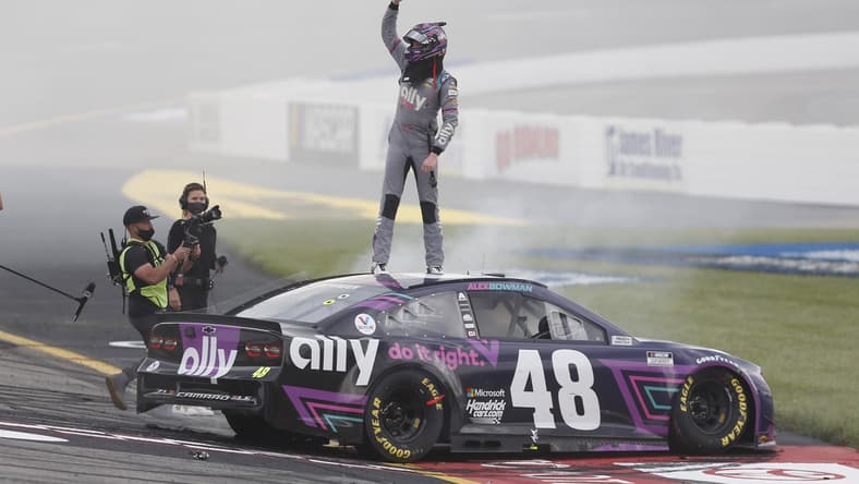 Apr 18, 2021; Richmond, Virginia, USA; NASCAR Cup Series driver Alex Bowman (48) celebrates after winning the Toyota Owners 400 at Richmond International Raceway. Mandatory Credit: Amber Searls-USA TODAY Sports