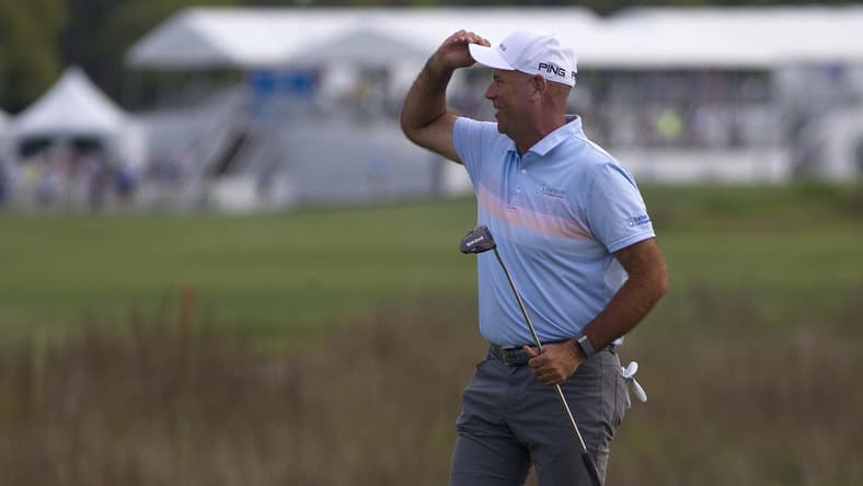Apr 18, 2021; Hilton Head, South Carolina, USA; Stewart Cink reacts on the green of the eighteenth hole after winning the 2021 RBC Heritage golf tournament. Mandatory Credit: Joshua S. Kelly-USA TODAY Sports