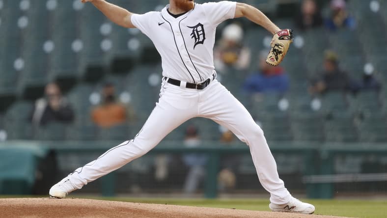 Apr 21, 2021; Detroit, Michigan, USA; Detroit Tigers starting pitcher Spencer Turnbull (56) pitches during the first inning against the Pittsburgh Pirates at Comerica Park. Mandatory Credit: Raj Mehta-USA TODAY Sports
