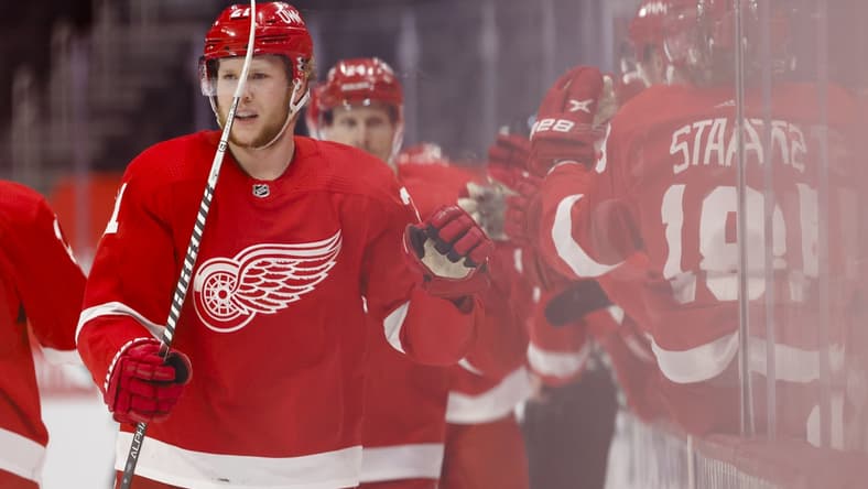 Apr 24, 2021; Detroit, Michigan, USA; Detroit Red Wings defenseman Dennis Cholowski (21) is congratulated by teammates after scoring against the Dallas Stars in the first period at Little Caesars Arena. Mandatory Credit: Rick Osentoski-USA TODAY Sports