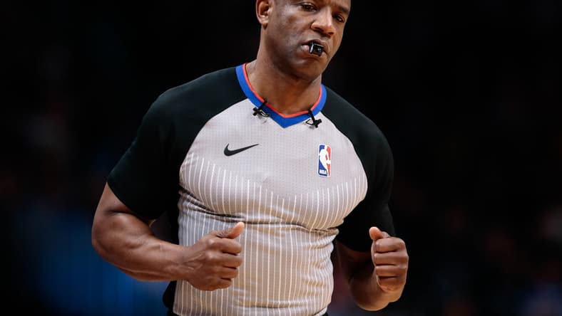 Feb 1, 2018; Denver, CO, USA; NBA referee Tony Brown (6) in the fourth quarter of the game between the Denver Nuggets and the Oklahoma City Thunder at the Pepsi Center. Mandatory Credit: Isaiah J. Downing-USA TODAY Sports