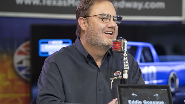 Nov 2, 2018; Fort Worth, TX, USA; Track president Eddie Gossage is interviewed before practice for the AAA Texas 500 at Texas Motor Speedway. Mandatory Credit: Jerome Miron-USA TODAY Sports
