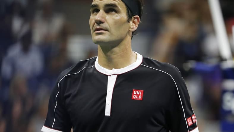 Sep 3, 2019; Flushing, NY, USA; Roger Federer of Switzerland looks at the board between points against Grigor Dimitrov of Bulgaria (not pictured) in a quarterfinal match on day nine of the 2019 US Open tennis tournament at USTA Billie Jean King National Tennis Center. Mandatory Credit: Geoff Burke-USA TODAY Sports