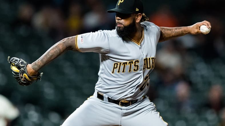 Sep 11, 2019; San Francisco, CA, USA; Pittsburgh Pirates closing pitcher Felipe Vazquez (73) throws against the San Francisco Giants in the ninth inning at Oracle Park. Mandatory Credit: John Hefti-USA TODAY Sports