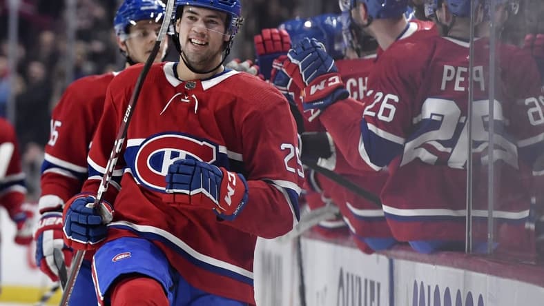 Jan 13, 2020; Montreal, Quebec, CAN; Montreal Canadiens forward Ryan Poehling (25) reacts with teammates after scoring a goal against the Calgary Flames during the third period at the Bell Centre. Mandatory Credit: Eric Bolte-USA TODAY Sports