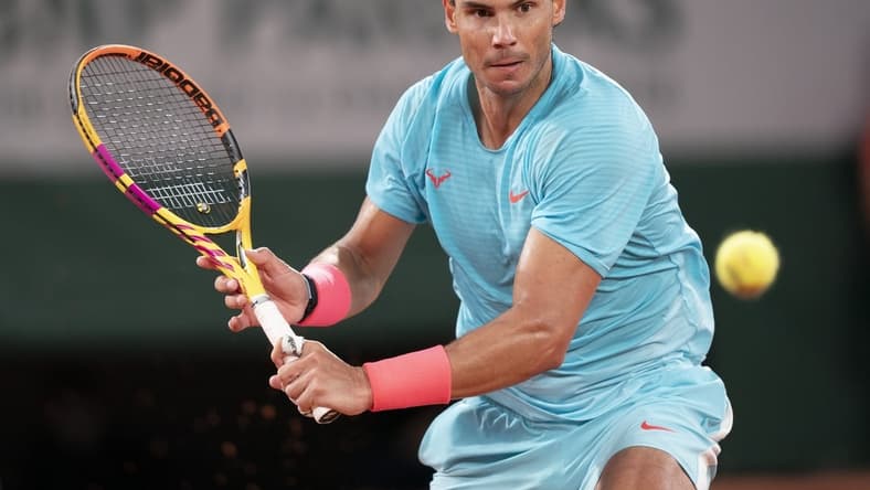 Oct 11, 2020;  Paris, France; Rafael Nadal (ESP) in action during his match against Novak Djokovic (SRB) on day 15 at Stade Roland Garros. Mandatory Credit: Susan Mullane-USA TODAY Sports