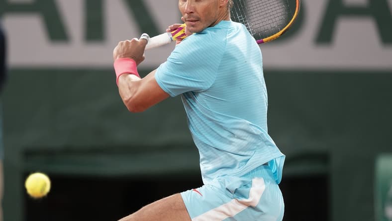 Oct 11, 2020;  Paris, France; Rafael Nadal (ESP) in action during his match against Novak Djokovic (SRB) on day 15 at Stade Roland Garros. Mandatory Credit: Susan Mullane-USA TODAY Sports