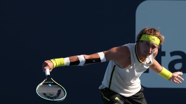 Mar 26, 2021; Miami, Florida, USA; Alexander Zverev of Germany hits a backhand against Emil Ruusuvuori of Finland (not pictured) in the second round in the Miami Open at Hard Rock Stadium. Mandatory Credit: Geoff Burke-USA TODAY Sports