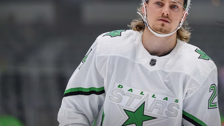 Apr 19, 2021; Dallas, Texas, USA; Dallas Stars left wing Roope Hintz (24) skates in warm-ups prior to the game against against the Detroit Red Wings at American Airlines Center. Mandatory Credit: Jerome Miron-USA TODAY Sports