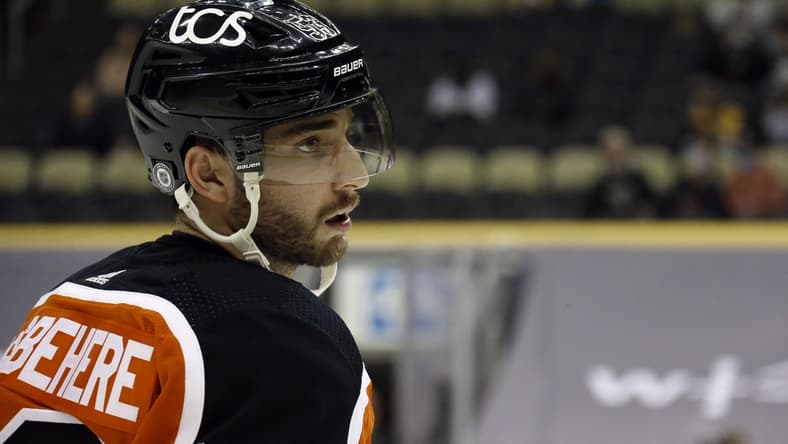 Apr 15, 2021; Pittsburgh, Pennsylvania, USA; Philadelphia Flyers defenseman Shayne Gostisbehere (53) looks on against the Pittsburgh Penguins during the second period at PPG Paints Arena. Philadelphia won 2-1 in a shootout. Mandatory Credit: Charles LeClaire-USA TODAY Sports