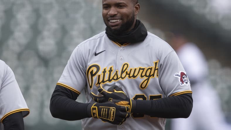Apr 21, 2021; Detroit, Michigan, USA; Pittsburgh Pirates right fielder Gregory Polanco (25) smiles during the second inning against the Detroit Tigers at Comerica Park. Mandatory Credit: Raj Mehta-USA TODAY Sports
