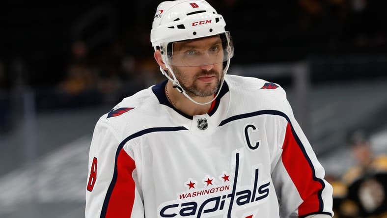 Apr 18, 2021; Boston, Massachusetts, USA; Washington Capitals left wing Alex Ovechkin (8) during the second period against the Boston Bruins at TD Garden. Mandatory Credit: Winslow Townson-USA TODAY Sports