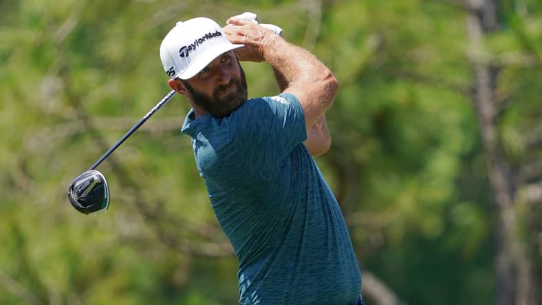 Apr 30, 2021; Palm Harbor, Florida, USA; Dustin Johnson tees off on the 6th hole during the second round of the Valspar Championship golf tournament. Mandatory Credit: Jasen Vinlove-USA TODAY Sports