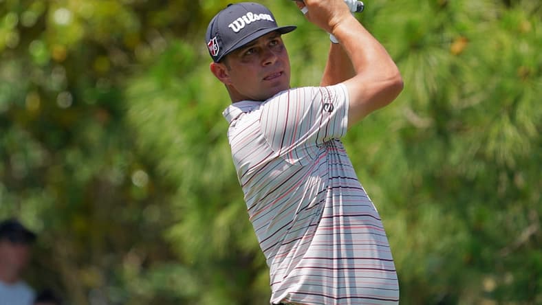 Apr 30, 2021; Palm Harbor, Florida, USA; Gary Woodland tees off on the 8th hole during the second round of the Valspar Championship golf tournament. Mandatory Credit: Jasen Vinlove-USA TODAY Sports