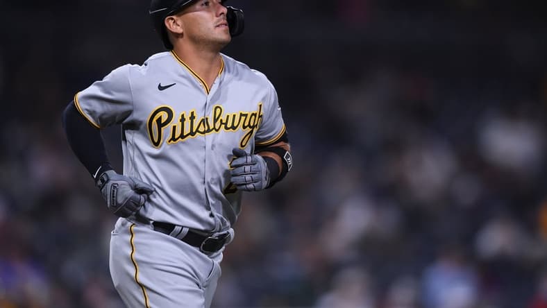May 3, 2021; San Diego, California, USA; Pittsburgh Pirates left fielder Phillip Evans (24) walks during the sixth inning against the San Diego Padres at Petco Park. Mandatory Credit: Orlando Ramirez-USA TODAY Sports