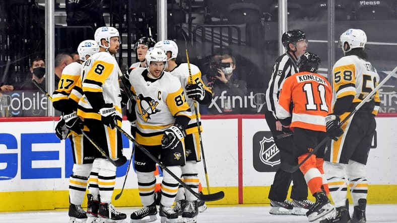 May 4, 2021; Philadelphia, Pennsylvania, USA; Pittsburgh Penguins center Sidney Crosby (87) celebrates his goal with teammates against the Philadelphia Flyers during the third period at Wells Fargo Center. Mandatory Credit: Eric Hartline-USA TODAY Sports