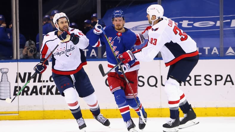 May 5, 2021; New York, New York, USA; Pavel Buchnevich #89 of the New York Rangers skates against Tom Wilson #43 and Zdeno Chara #33 of the Washington Capitals during the first period at Madison Square Garden. Mandatory Credit: Bruce Bennett/POOL PHOTOS-USA TODAY Sports