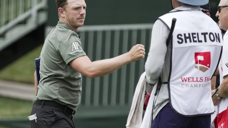 May 7, 2021; Charlotte, North Carolina, USA;  Matt Wallace finishes the day with a 67 during the second round of the Wells Fargo Championship golf tournament. Mandatory Credit: Jim Dedmon-USA TODAY Sports