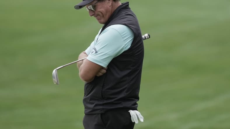 May 7, 2021; Charlotte, North Carolina, USA; Phil Mickelson  after his bogey on 15 during the second round of the Wells Fargo Championship golf tournament. Mandatory Credit: Jim Dedmon-USA TODAY Sports