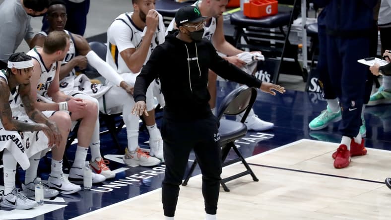 May 8, 2021; Salt Lake City, Utah, USA; Utah Jazz guard Donovan Mitchell (45) reacts after a call in the third quarter against the Houston Rockets at Vivint Arena. Mandatory Credit: Rob Gray-USA TODAY Sports